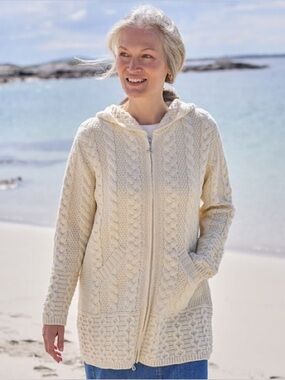 Aran Crafts Hooded Zipper Lulu Classic Wool Coat Made In Ireland Cable Knit
